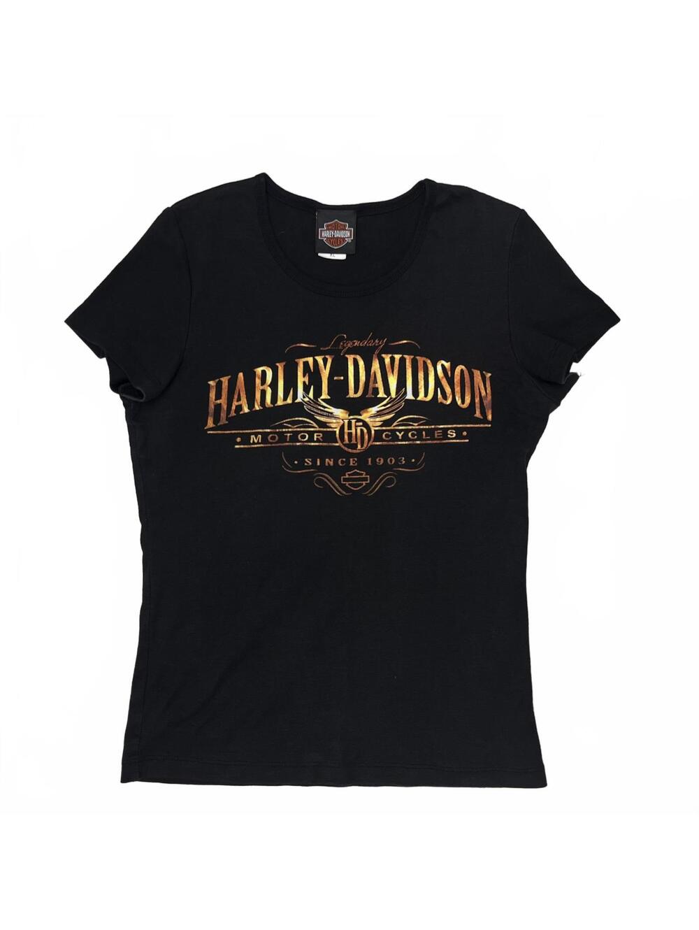 Y2K Harley Davidson Women's XL Logo T-Shirt Slim Fit Orange Black Grunge Biker
